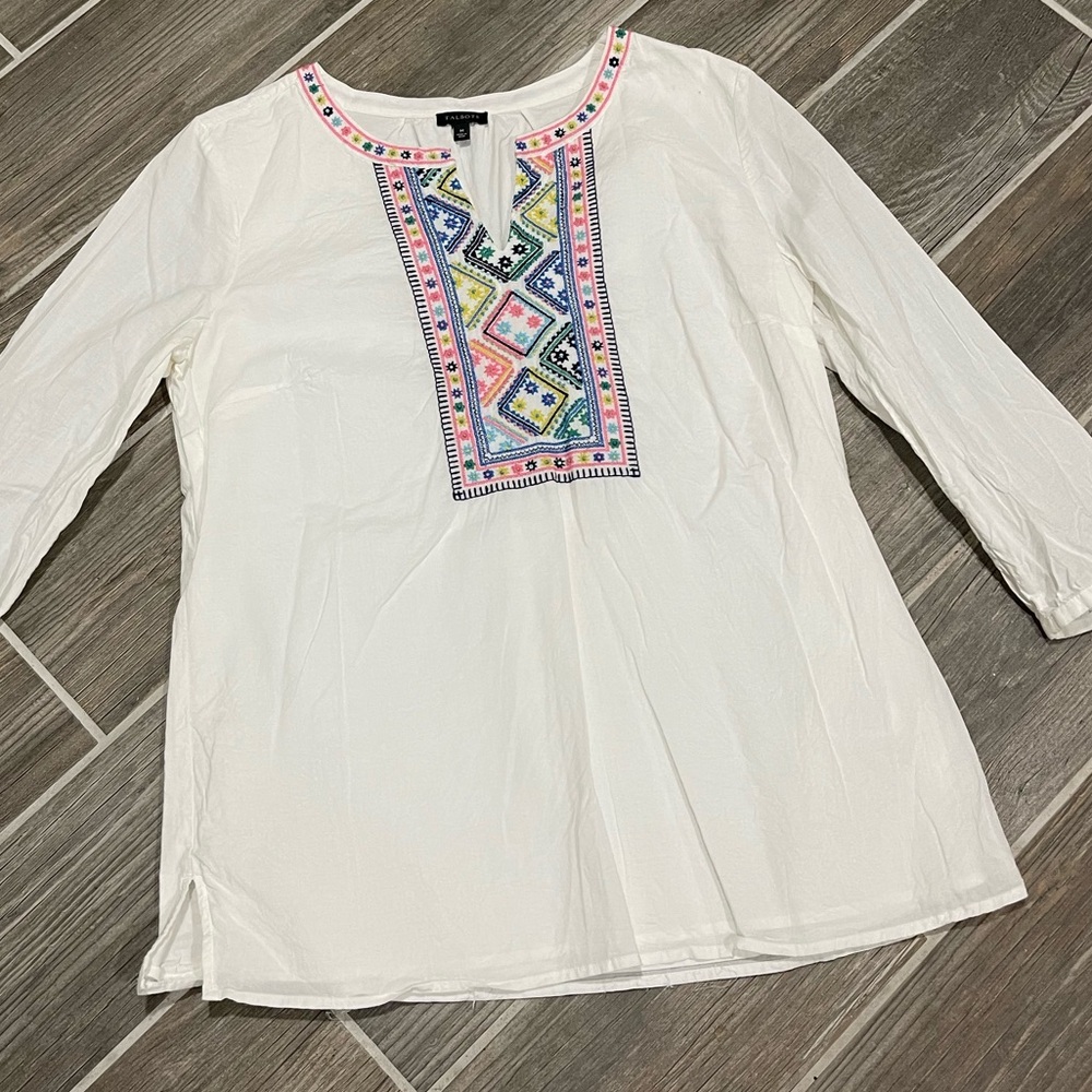 Talbots White Graphic Blouse Relaxed Fit